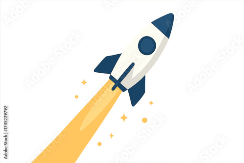 Flat design rocket launch with glowing trail in space