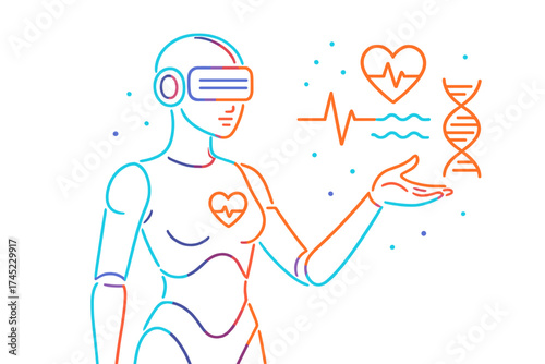 Futuristic neon robot with virtual healthcare symbols and technology interface