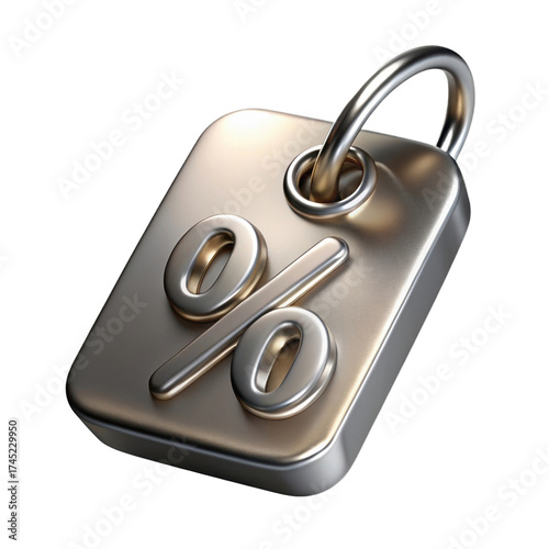 Shiny metallic percentage symbol discount tag 3D render illustration isolated on transparent background