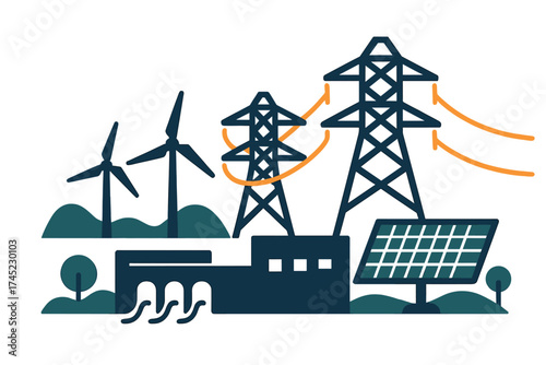 Renewable energy systems scene with power lines and solar panels