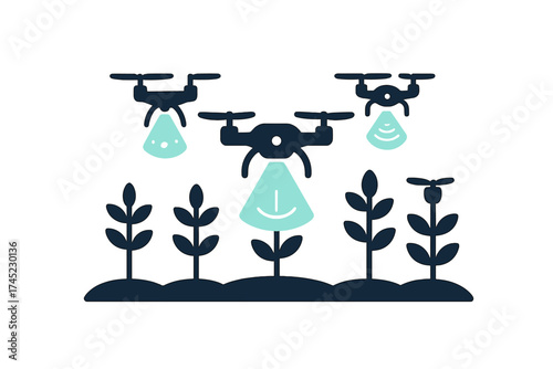 Futuristic drones illuminating smart farming technology in glowing silhouette