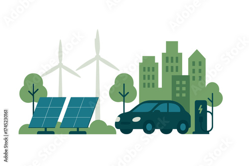 Green energy future: solar, wind, electric transportation in modern cityscape