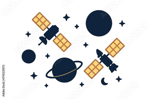 Glowing satellites in space with planets and stars in a neon style