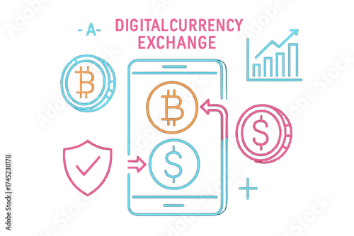 Neon style digital currency exchange concept with graphs and icons