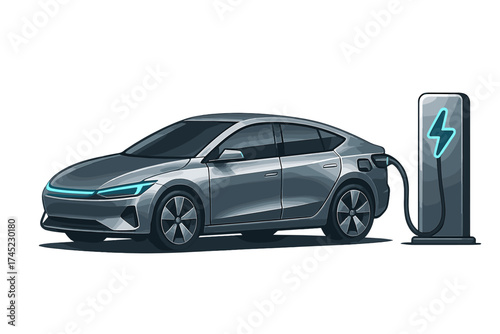 Electric car charging station with futuristic design and neon accents