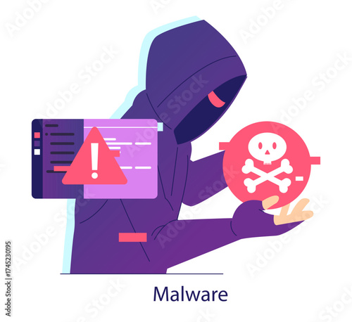 Vector Illustration of Hacker with Malware Warning
