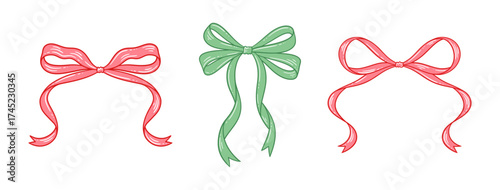 Coquette red and green bow set. Hand drawn vintage ribbons. Christmas, Valentine's, Birthday gift in retro style. Girly hairstyle accessories, decorative elements. Frame contour, vector illustration