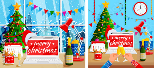 Man and woman toast with champagne glass at christmas party. Laptop with Santa hat. New Year celebration, winter holiday background.