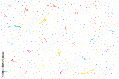 Hand-drawn pastel ribbon confetti with a star sprinkles background pattern. Colorful, sweet, childish birthday texture. Design elements for poster, card, cover, and banner. Vector illustration