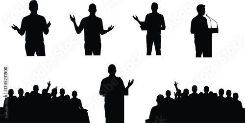 Silhouettes of a public speaker or presenter at a podium delivering a speech, engaging an audience with questions, conference, and business communication vector.