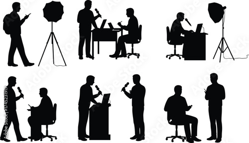Silhouettes of journalists and reporters working in media production, broadcasting, conducting interviews, using microphones, professional studio or newsroom vector figures.