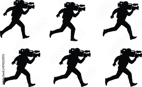 Silhouettes of a news cameraman running with a video camera, urgent media coverage, photojournalist chasing a story, breaking news, press vector figures.