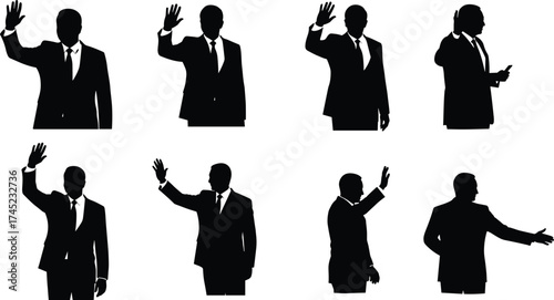 Silhouettes of a businessman in a suit raising hand to swear oath, vote, greet, or stop, communication gesture, male professional vector figures.