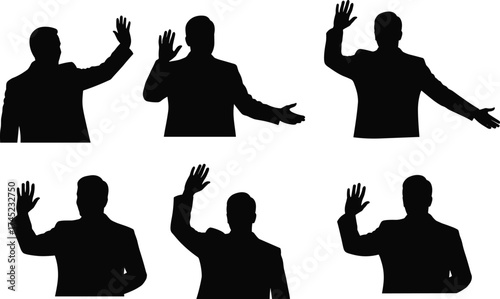 Silhouettes of a businessman in a suit raising hand to swear oath, vote, greet, or stop, communication gesture, male professional vector figures.