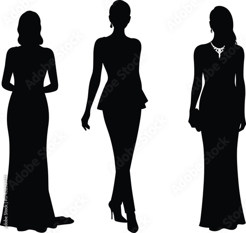 Silhouettes of three elegant women in formal wear, evening gowns, and high fashion, glamorous female models, isolated black figures, catwalk fashion show.