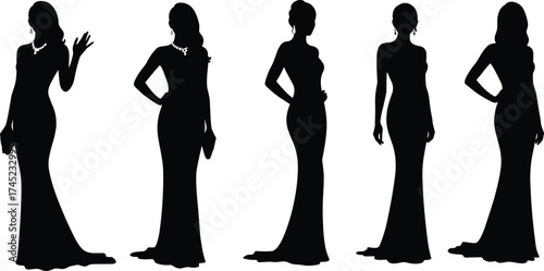 Silhouettes of three elegant women in formal wear, evening gowns, and high fashion, glamorous female models, isolated black figures, catwalk fashion show.