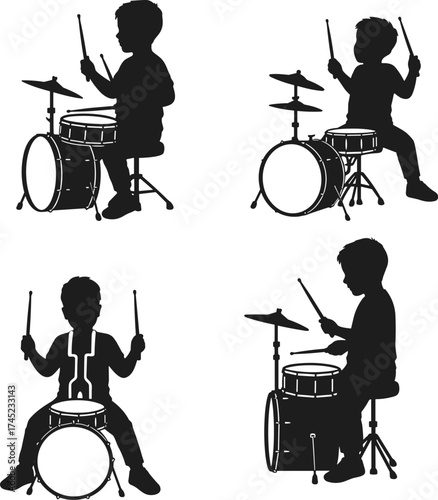 Silhouettes of a young boy playing a full drum set, rhythmic percussion music performance, energetic child drummer, isolated black vector figures, musical education.