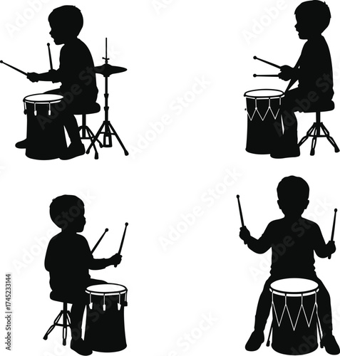 Silhouettes of a young boy playing a full drum set, rhythmic percussion music performance, energetic child drummer, isolated black vector figures, musical education.