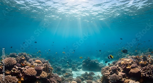 Magical under the sea illustration with coral, fish, and waves