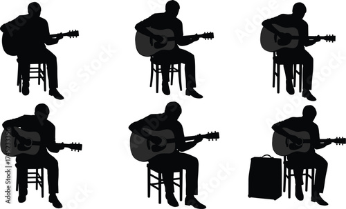 Silhouettes of seated musicians playing an acoustic guitar, practicing music, folk, country, or rock performance, isolated black shadow figures, musical artist.