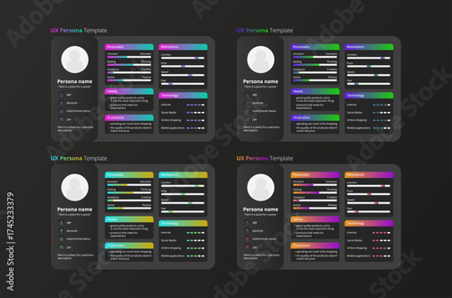 UX persona template set, perfect for UX/UI designers, product managers, and researchers. Ideal for presentations, workshops, and usability projects.