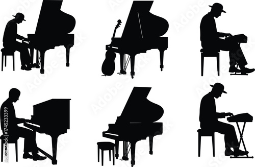 Silhouettes of jazz musicians playing grand piano, upright piano, and electronic keyboard, music performance, classic entertainment, isolated black figures.