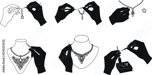 Jewelry making, crafting process, hands working on intricate necklace, setting gemstones, delicate handcrafted fashion accessory, goldsmith at work, detailed jewelry design, luxury item.