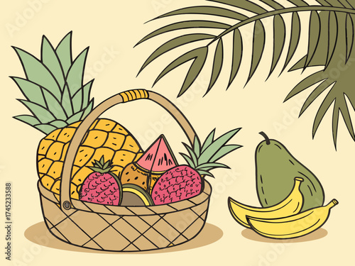 Tropical Fruit Basket: A vibrant illustration of a basket overflowing with an assortment of tropical fruits, offering a taste of the tropics.
