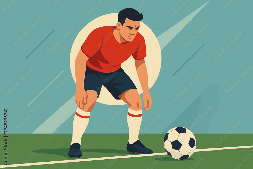 Fototapeta premium Soccer player ready for action with soccer ball on field in flat design