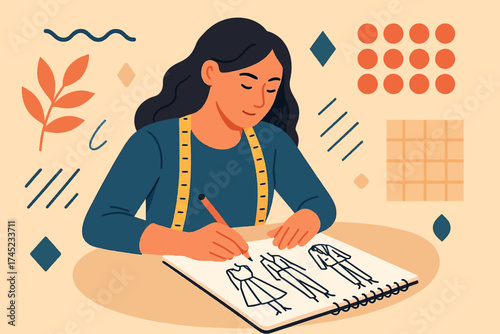Fashion designer sketching new collection in artistic workspace