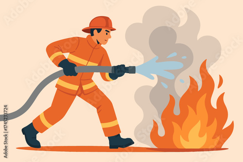 Firefighter extinguishing blaze in flat style illustration