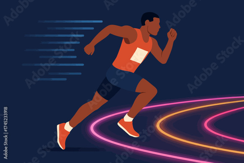 Dynamic athlete sprinting on neon track at night