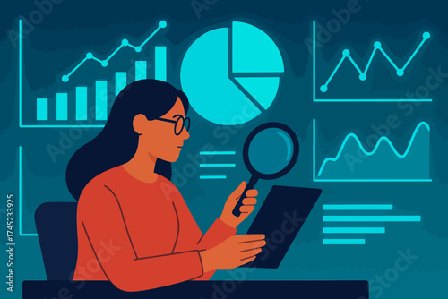Data analyst examining graphs and charts in futuristic workspace