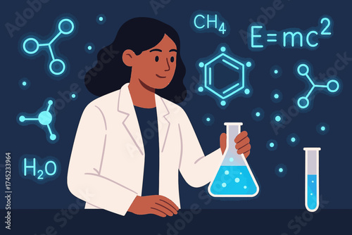 Scientist in lab conducting chemistry experiment with chemical formulas and molecules