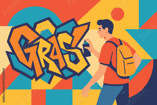 Colorful graffiti art with young artist in vibrant abstract urban scene