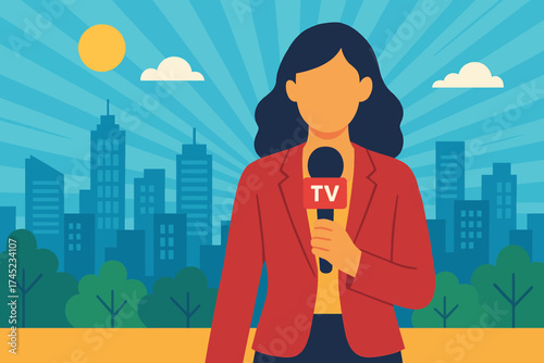 News reporter in urban setting with microphone against cityscape background
