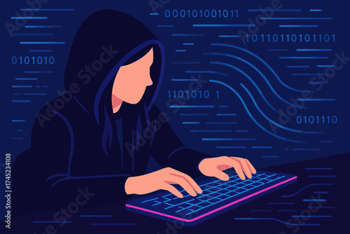 Hacker in hoodie typing on keyboard with binary code background