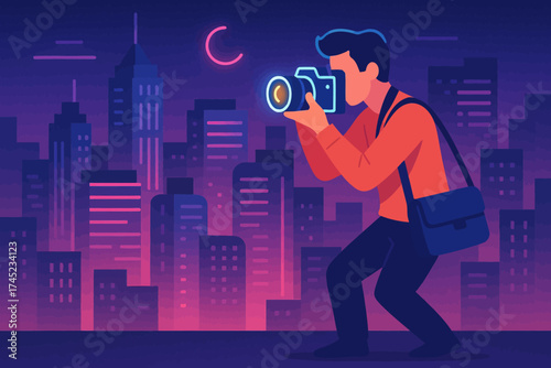 Modern photographer capturing cityscape at night in vibrant urban setting