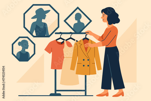 Woman shopping for clothes with inspiring fashion silhouettes in minimalist style