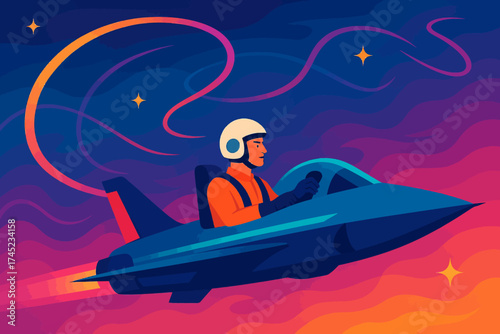 Futuristic flight: pilot in jet with vibrant night sky and shooting stars