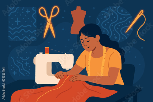 Skillful seamstress sewing in studio with machine and tools for tailoring and fashion