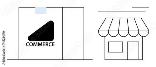 Large modern building with geometric logo and small classic storefront with canopy. Ideal for e-commerce, retail, small business, enterprise, shopping, branding, architecture, simple flat metaphor