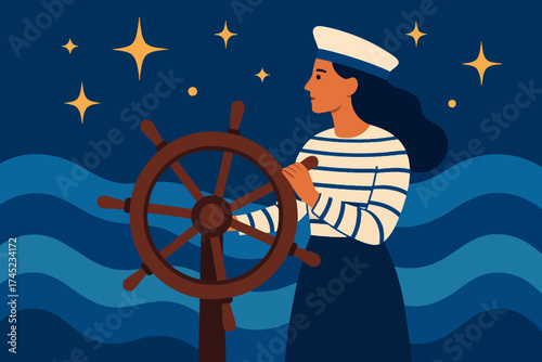 Sailor woman at ship helm under starry night sky in flat art