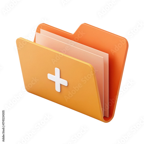Medical folder document file with add cross sign 3D icon for health records organization