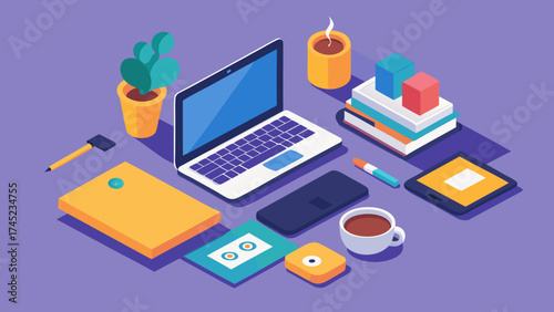 Isometric illustration of a modern workspace with laptop, books, gadgets and coffee on purple background