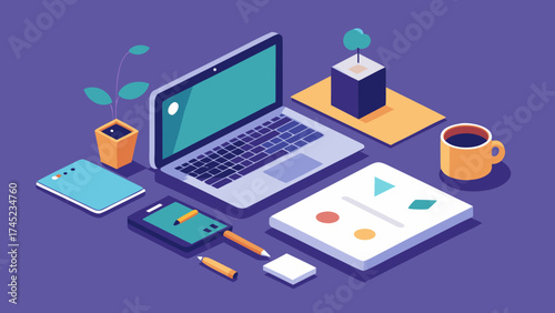 Isometric illustration of a creative workspace with laptop, coffee, tablet and office supplies on purple background