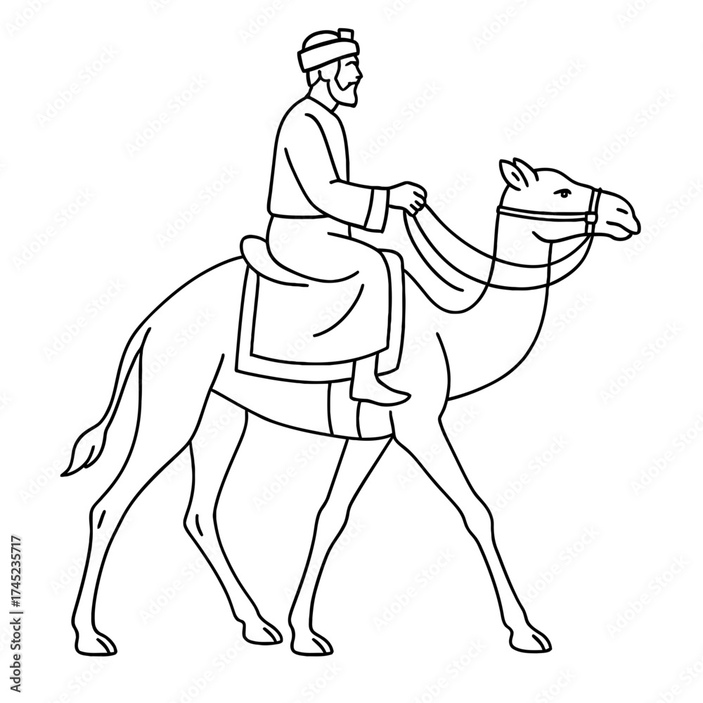 Fototapeta premium Camel rider line art with reins, robed man traveling, side view black outline