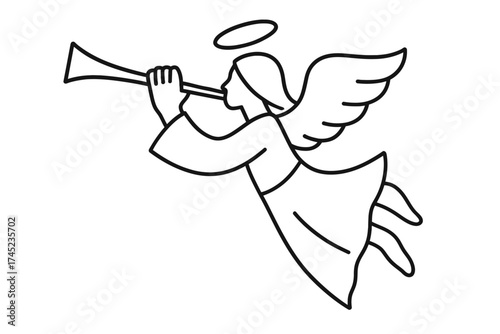 Flying angel line art blowing trumpet, halo and wings, side profile outline