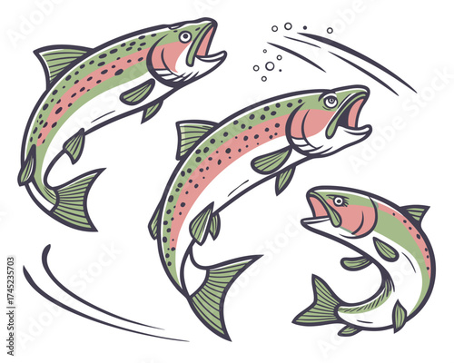 A vector illustration set of colorful marine animals including salmon, trout, and shark swimming underwater in the ocean