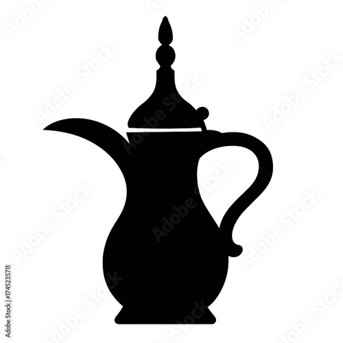 Arabic dallah coffee pot silhouette with curved spout and lid, traditional icon